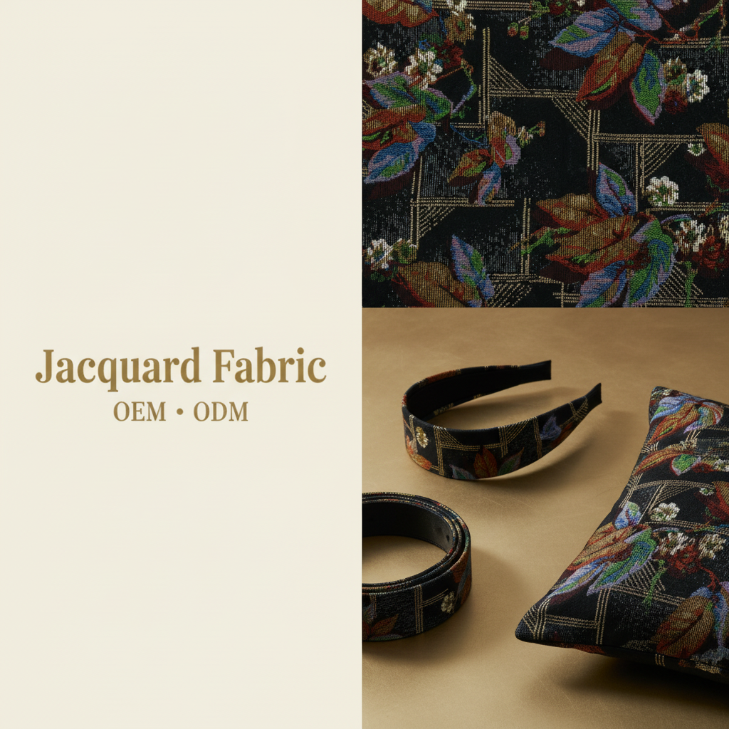 Black Jacquard Fabric | Tropical Leaf Art Deco Grid | 150cm | Wholesale OEM Custom Cotton-Poly Jacquard Fabric