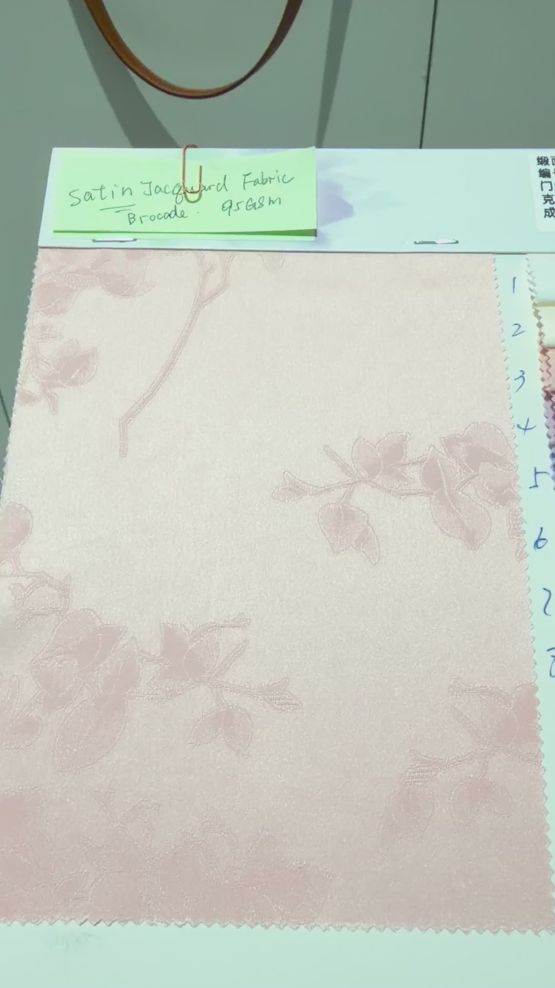 T834 stretch satin floral jacquard brocade fabric swatch video