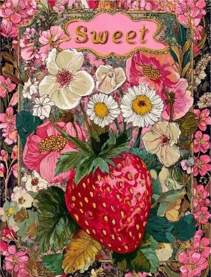 Original floral and strawberry tapestry artwork used as a design reference