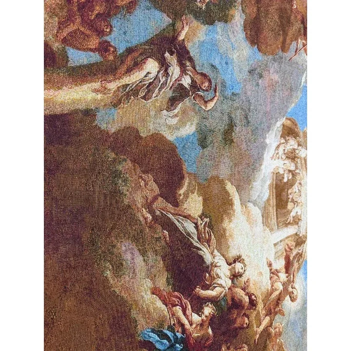 Actual tapestry close-up showing human figures, garment folds and light and dark tones