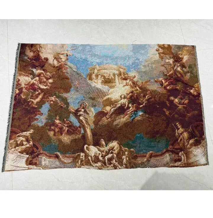 Actual woven mural sample with classical figures, clouds and a central architectural scene